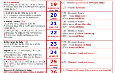 Parrocchia Madonna di Lourdes. Programma della settimana dal 19 al 26 dicembre 2021